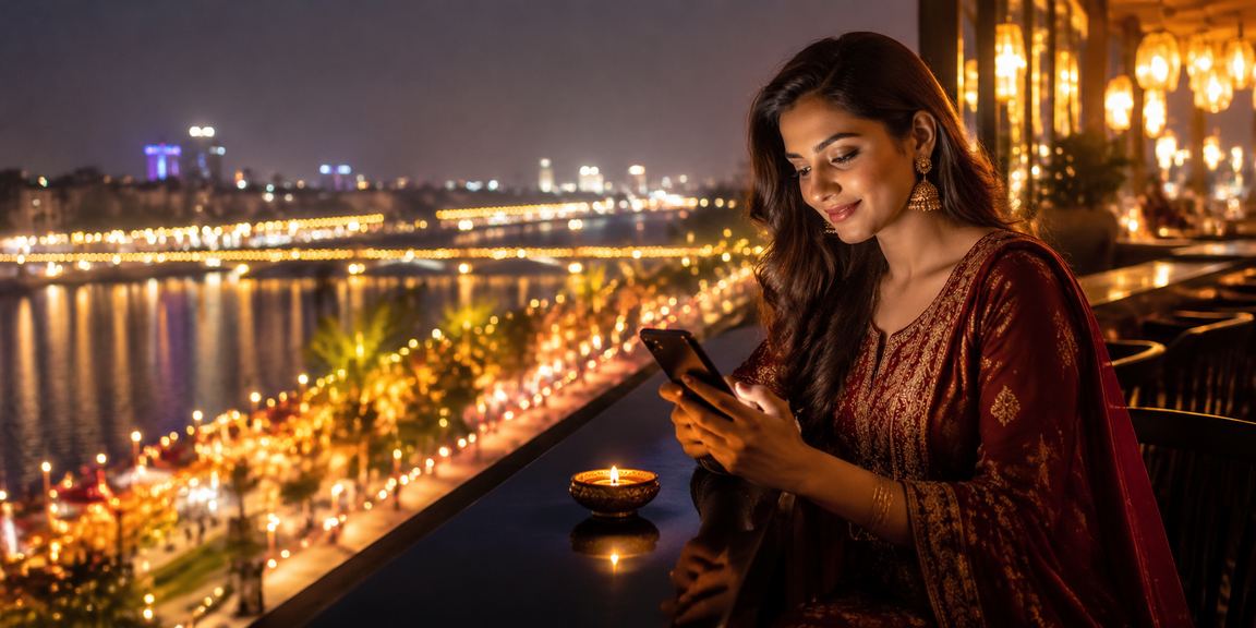 Mobile casino access by the Ahmedabad riverfront during Diwali festival