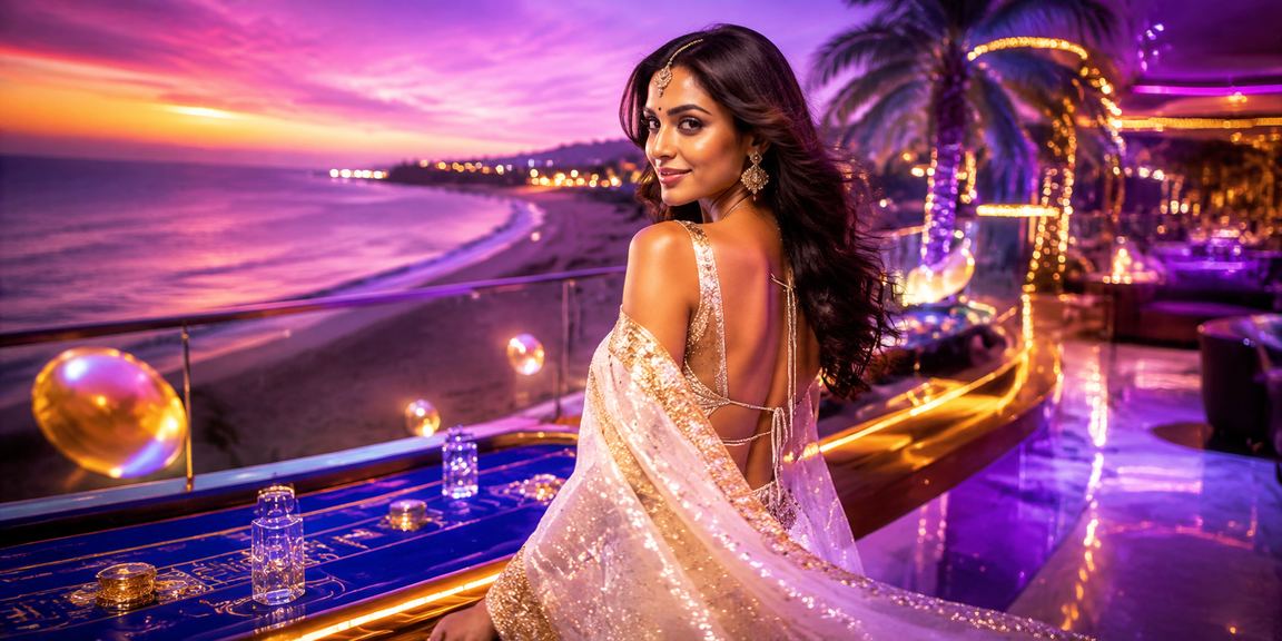 Scenic Goa beach with elegant woman playing baccarat