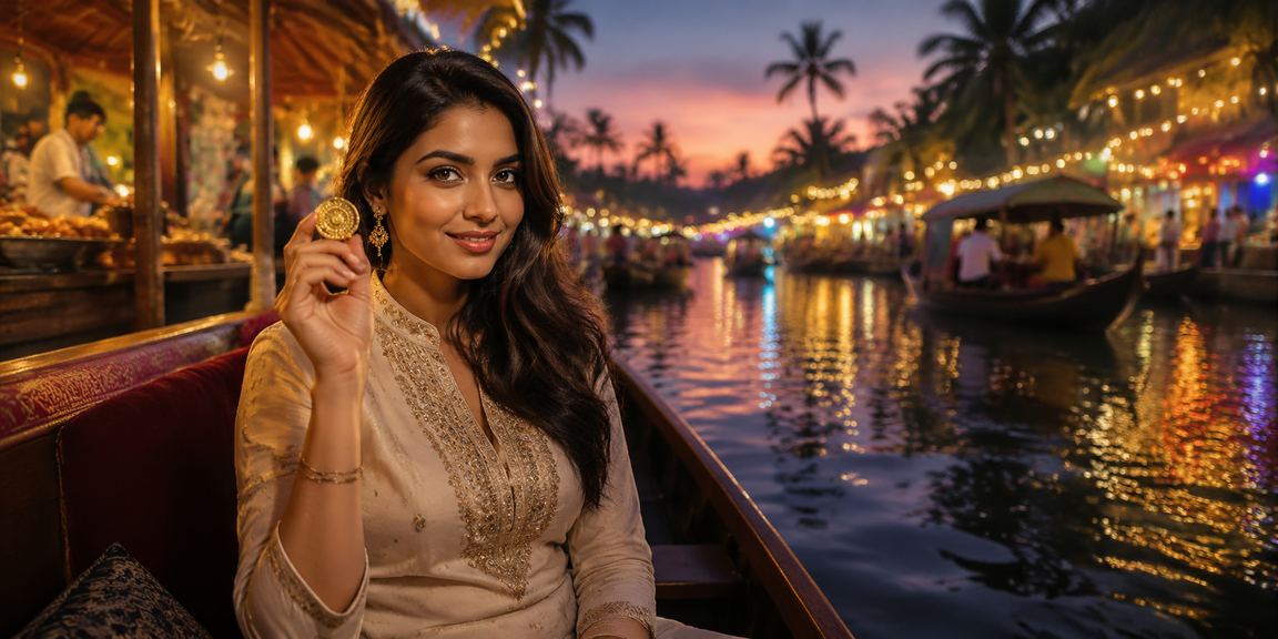 Scenic Kerala backwaters with casino-themed entertainment ambience